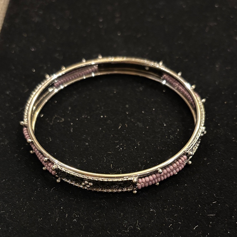 Elegant Silvertone and Purple Beaded Bangle with seed beads